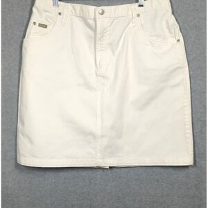 Vintage BLASSPORT 90's Y2K Denim Skirt  14 White Pockets Stretch Waist Classic